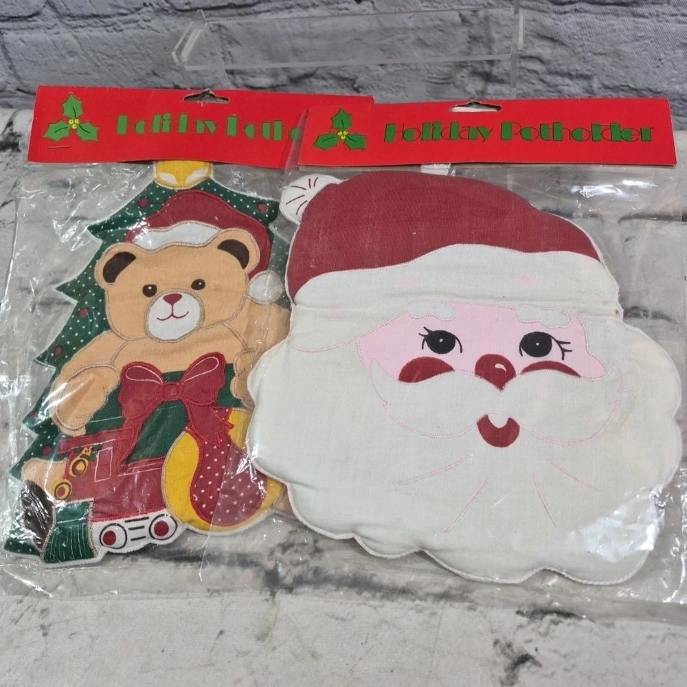 Vintage 70s Holiday Potholders Lot 2 Santa Teddy Bear Cotton Christmas Decor New